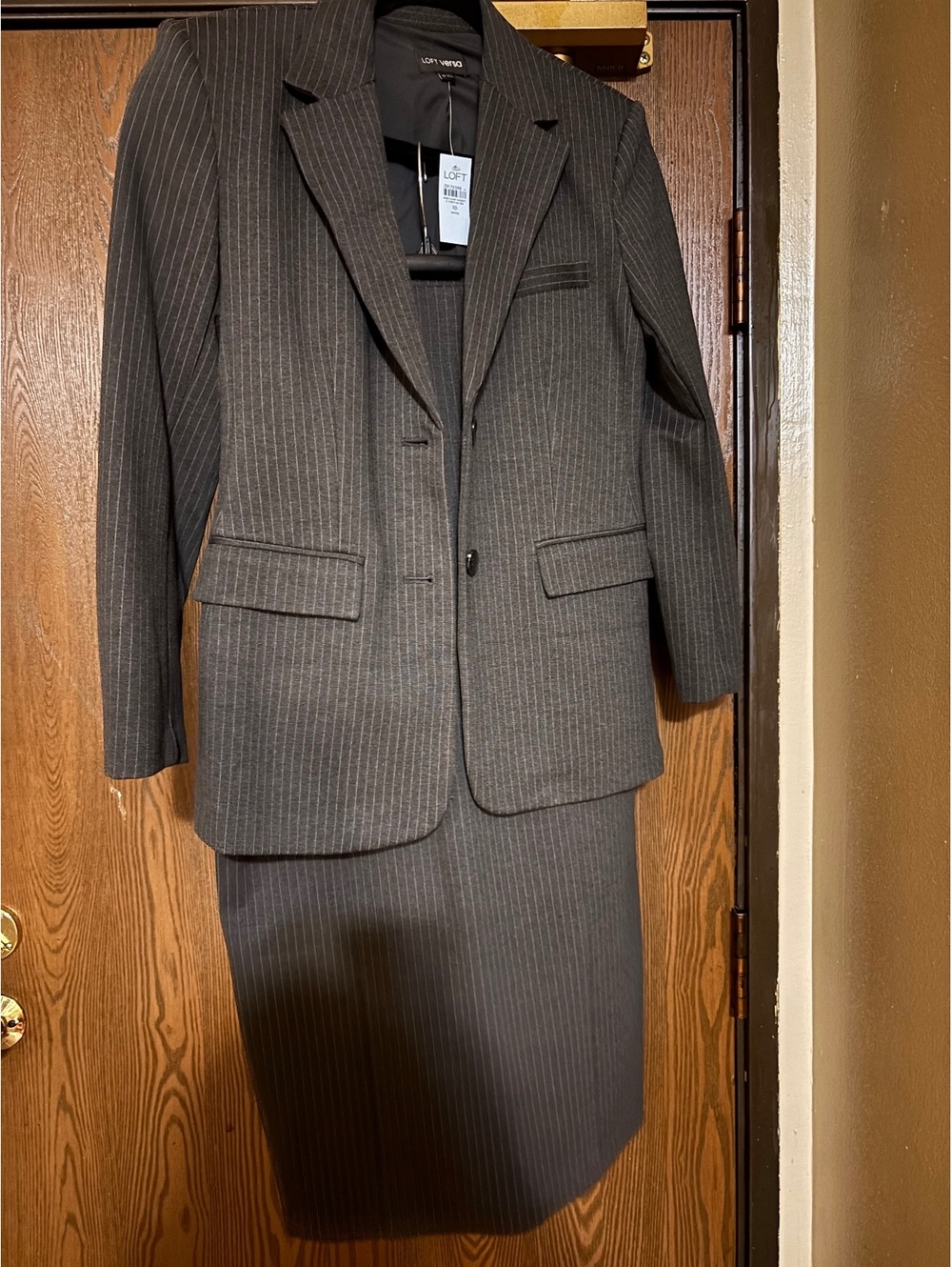 Gray Pinstripe Suit & Matching Skirt Set- Size 8-10